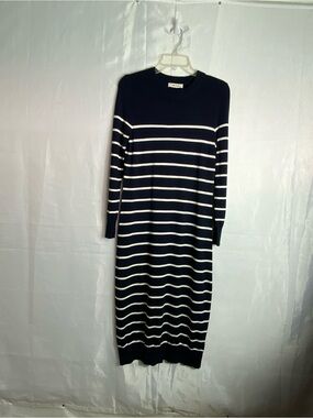 Striped Long-Sleeve Knit Midi Dress - Navy & White